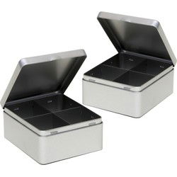 3x stuks metalen 4-vaks theedoos/theekist 15x13x7 cm - zilverkleurig - Theedozen