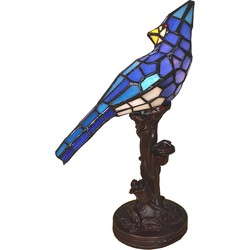 LumiLamp Tiffany Tafellamp Vogel 15x12x33 cm  Blauw Glas Kunststof Tiffany Bureaulamp