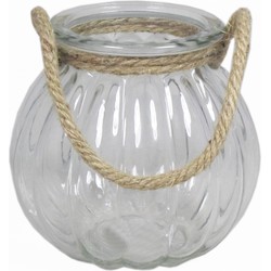 Glazen ronde windlicht 2 liter met touw hengsel/handvat 14,5 x 14,5 cm - Waxinelichtjeshouders