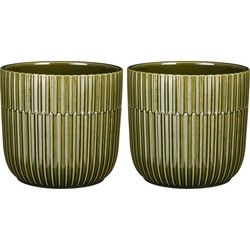 2x Stuks Plantenpot/bloempot keramiek glans donkergroen stripes patroon - D17.5/H16 cm - Plantenpotten