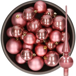 Kerstversiering kunststof kerstballen met piek oud roze 6-8-10 cm pakket van 45x stuks - Kerstbal