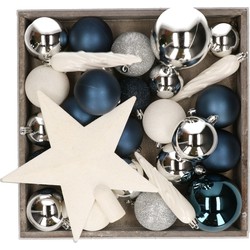 Kunststof kerstballen - 45x stuks - met ster piek - blauw,wit,zilver - Kerstbal