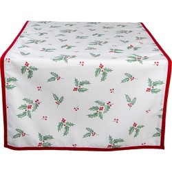 Clayre & Eef Tafelloper Kerst  50x140 cm Wit Rood Katoen Rechthoek Hulstbladeren Tafelkleed