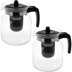 2x stuks glazen transparante theepot 1,5 liter met zwart filter - Theepotten