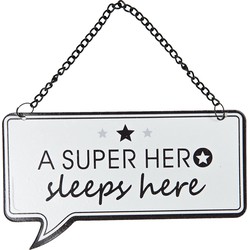 Clayre & Eef Tekstbord  14x9 cm Wit Zwart Metaal Rechthoek Superhero Wandbord