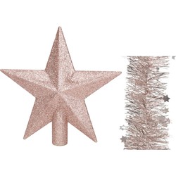 Kerstversiering kunststof glitter ster piek 19 cm en sterren slingers pakket lichtroze van 3x stuks - kerstboompieken