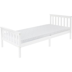 Bedframe eenpersoonsbed 90x200cm gemaakt van dennenhout in witte lattenbodem & matras H-16cm ML design