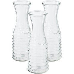 3x stuks karaffen/schenkkannen 1 liter van ribbel glas met uitlopende hals - Schenkkannen