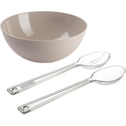 Salade serveer schaal - beige - kunststof - Dia 25 cm - inclusief sla couvert/bestek - Serveerschalen