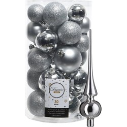 Decoris kerstballen 30x stuks - zilver 4/5/6 cm kunststof mat/glans/glitter mix en piek - Kerstbal