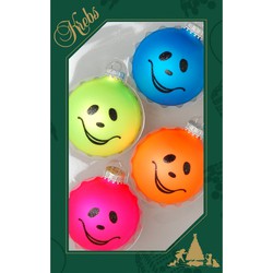 4x stuks luxe glazen kerstballen 7 cm neon smiley - Kerstbal