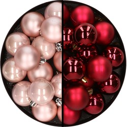 32x stuks kunststof kerstballen mix van lichtroze en donkerrood 4 cm - Kerstbal