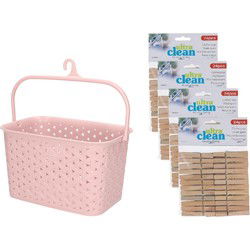Wasknijpersmandje met ophanghaak - roze - en 96x houten wasknijpers 7 cm - knijperszakken