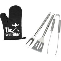 BBQ/barbecue gereedschap set 3-delig RVS met BBQ handschoen The Grillfather - Barbecuegereedschapset
