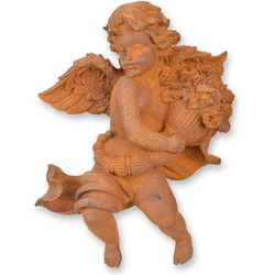 A RUSTY CAST IRON WALL MOUNT PUTTO HOLDING A CORNUCOPIA
