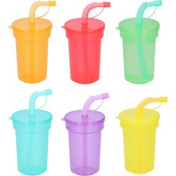 18x drinkbekers met deksel en rietje - kunststof - 387 ml - 12 x 8 cm - Drinkbekers