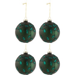 J-line - Doos Van 4 Kerstballen Blaadjes Glitter Glas Mat Groen Medium - 10x10x10cm