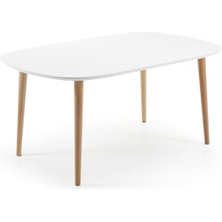 Kave Home - Oqui uitschuifbare tafel in wit gelakt MDF met massief beuken poten 160 (260) x 100 cm