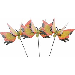 Set van 3 gele/oranje metalen tuindecoratie vlinder op stok 17 x 60 cm - Tuinbeelden