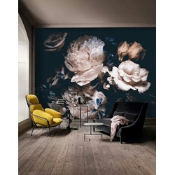 Vliesbehang - 350x250cm - Bloemen Zwart Vintage