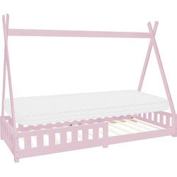 Kinderbed Tipi 90x200 cm roze van dennenhout incl. matras H-10cm uitvalbescherming en lattenbodem ML-Design