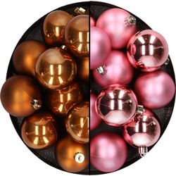 Kunststof kerstballen 6 cm - 24x stuks - bruin en roze - Kerstbal