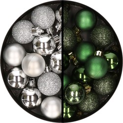 34x stuks kunststof kerstballen zilver en donkergroen 3 cm - Kerstbal