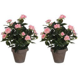 Mica Decorations Kunstplant - 2x - rozen - roze - in grijze pot - 33cm - Kunstplanten