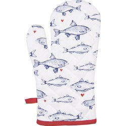Clayre & Eef Ovenwant  18x30 cm Wit Blauw Katoen Vissen Ovenhandschoen