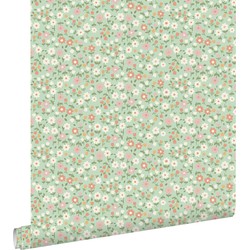 ESTAhome behang bloemetjes groen, terracotta roze en wit - 50 x 900 cm - 139470