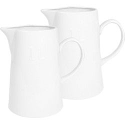 Set van 2x stuks schenkkan/waterkan wit porselein 1 liter 18 cm - Schenkkannen