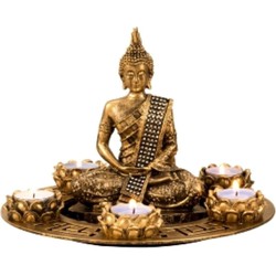 Boeddha beeldje met 5 kaarshouders op schaal - kunststeen - goud - 27 x 20 cm - deco artikel - Beeldjes