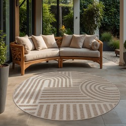 Berlin Outdoor - Japandi - Rond - Beige - Vloerkleed Binnen en Buiten - Laagpolig Tapijt Tuin- 200 CM ROND