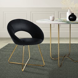Eetkamerstoel met ronde open rugleuning zwart fluweel met goudkleurige metalen poten ML design