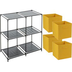 Opbergrek 2-laags - metaal - kunststof - zwart - 67 x 68 cm - incl. 4 opbergmanden oker geel - Opbergrekjes
