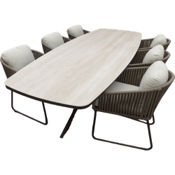 Set van Calma dining table 270x110x75 cm oval alu bronze/travertin en 6 Calera dining chairs alu bronze/belt toffee/wool white AW