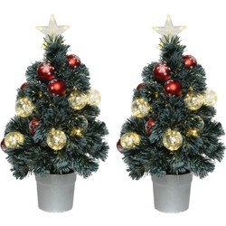 2x stuks fiber optic kerstbomen/kunst kerstbomen met verlichting en kerstballen 60 cm - Kunstkerstboom