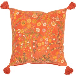 J-line - Kussen Vierkant Bloemen+kwastjes Fluweel Oranje - 50x50x15cm