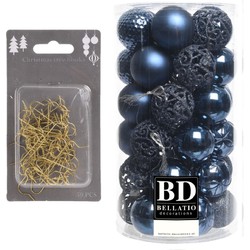 37x stuks kunststof kerstballen donkerblauw 6 cm inclusief gouden kerstboomhaakjes - Kerstbal