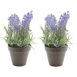 Bellatio Kunstplant - 2x stuks - lavendel - paars - 17 cm - in pot - lavandula - Kunstplanten