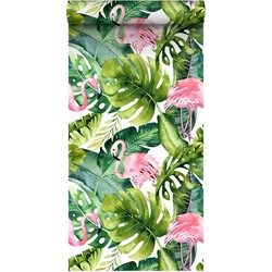 ESTAhome XXL behang tropische bladeren met flamingo's groen en roze - 50 x 900 cm - 158895