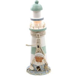Vuurtoren beeldje - Hout - 10 x 30 cm - wit/mintgroen - Beeldjes