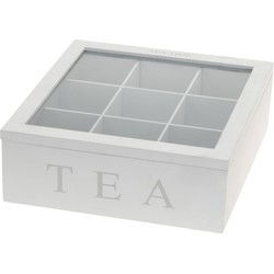 Witte houten theedoos - 9-vaks - 23 x 23 x 8 cm - Theekist - Theedozen