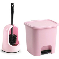 WC-/toiletborstel en houder - lichtroze - met kleine pedaalemmer 7.5L - Badkameraccessoireset