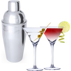 4x Cocktailglazen / martiniglazen 220 ml + cocktailshaker 550 ml RVS - Cocktailglazen