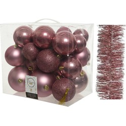 Kerstversiering kunststof kerstballen 6-8-10 cm met folieslingers pakket oud roze van 28x stuks - Kerstbal