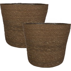 Set van 2x stuks plantenpot/bloempot van jute/zeegras diameter 30 cm en hoogte 26 cm camel bruin - Plantenpotten