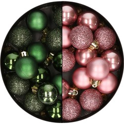 28x stuks kleine kunststof kerstballen velvet roze en dennengroen 3 cm - Kerstbal