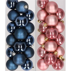 32x stuks kunststof kerstballen mix van donkerblauw en oudroze 4 cm - Kerstbal