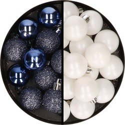 36x stuks kunststof kerstballen donkerblauw en wit 3 en 4 cm - Kerstbal